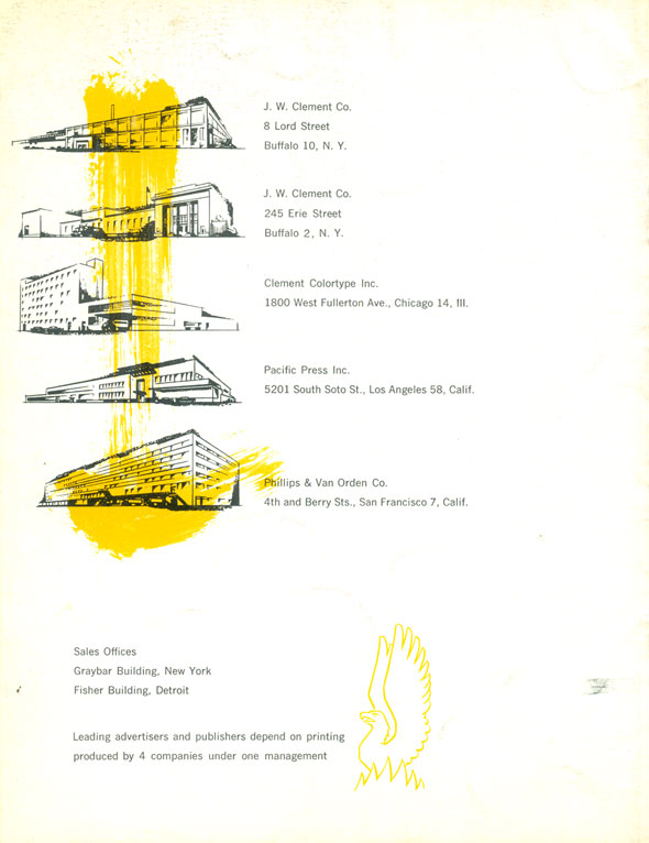 Line-drawings of headquarters of “the four nationally located printing companies.” Black and yellow against white background