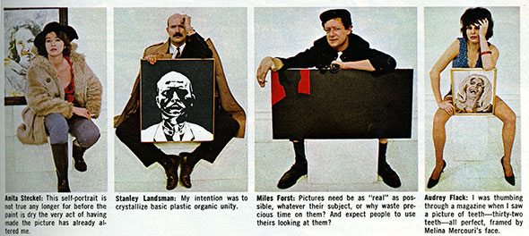 Panels of Anita Steckel, Stanley Landsman, Miles Forst, and Audrey Flack each posing with a self-portrait.
