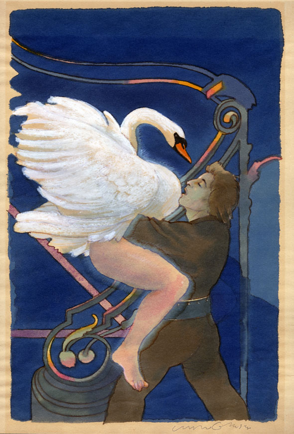 Watercolor illustration of a man holding a swan with human legs against dark blue background