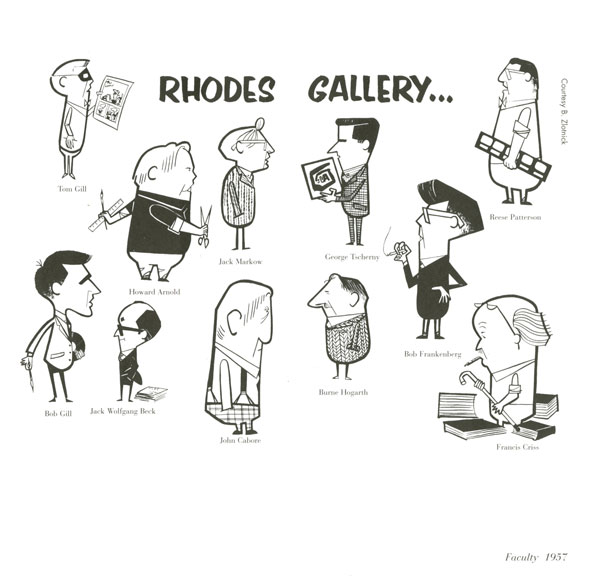Collection of cartoons of various SVA faculty members. Text: 'Rhodes Gallery...'