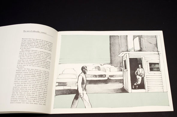 Drawing of a man leaning against a parking lot booth and observing a walking passerby.