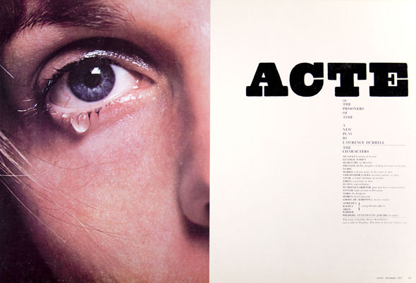Magazine spread: left page is a close-up color photograph of a crying eye; right page is a column of text with the header ACTE in large block letters