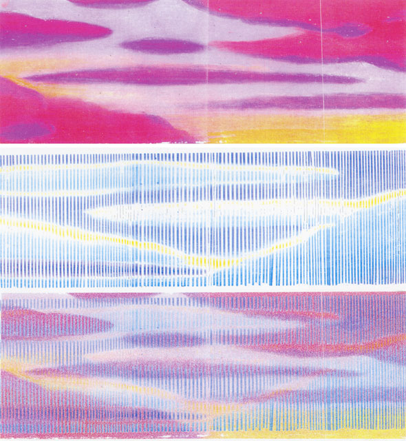 Three sketches for a wall mural concept. The first sketch is a light purple-yellow sky that is decorated with soft thin magenta clouds with bright purple shadows. The second sketch is made up of vertical lines that form a blue sky with light blue think soft clouds with yellow highlights on the clouds. The third sketch is the two past sketches combined. Together the sky is blue and yellow with purple clouds .