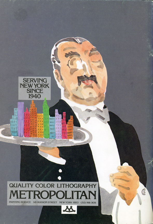 A printed ad. A watercolor illustration of a fancy waiter serving rainbow colored building on a silver plate. Above the building "Serving New York since 1940" is printed in black bold text. The waiter has detailed watercolor stains and has beige skin, he wear a black and white suite and tie. Below the waiter "Quality Color Lithography. METROPOLITAN" is printed in big bold black text. 