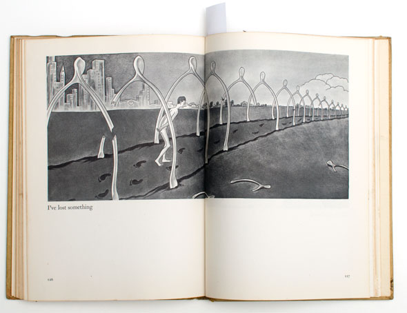Cartoon image of man walking on a path under a long row of large, broken wishbones.