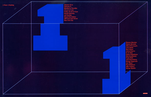 Two bright blue 1s in a cube against a navy background with red text