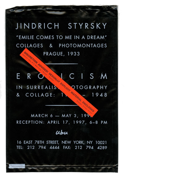 A photo of a black plastic sheet with white text for an event. A thin red strip is taped across the middle diagonally, it has bold text " Discretion Advised Sexually explicit material enclosed"