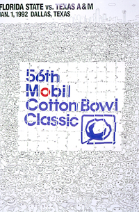 A poster for the "56th Mobil Cotton Bowl Classic" which is written in big blue text on a huge sign that is broken up by smaller signs that are held up by an enormous crowd of people. You can only see the faces of the crowd which are drawn in a very simplistic manner. Above the crowd to the left, "Florida State VS. Texas A&M" is printed on with thick bold black text. 