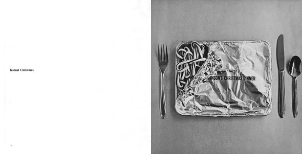 Black and white magazine spread; left is a blank white page with the text "Instant Christmas" in small text; right is a photograph of an aluminum wrapped container full of candy canes. 
