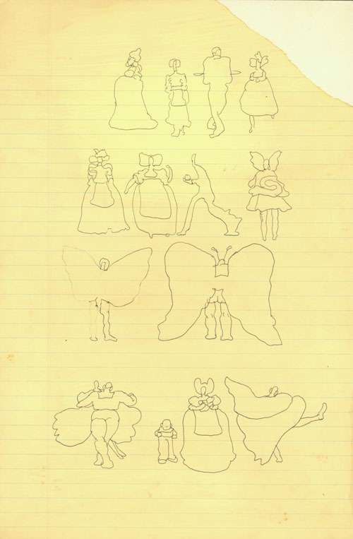 Yellow lined paper with simple contour drawings of figures wearing festive clothing, including wings and headpieces.
