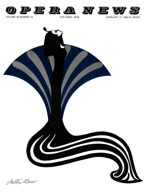 Stark black, blue and gray magazine cover illustration of an Egyptian woman emerging out of shell-like shape against a white background.