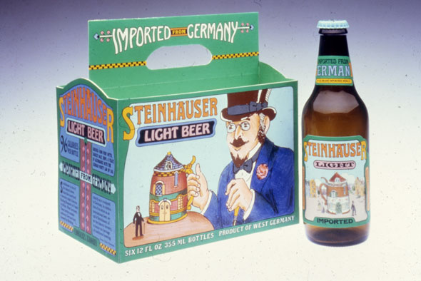 A photo of a 6-pack beer bottle carton. There is no beer bottle in the carton, there is one next to it. The carton is similar to the one above, the green colored background is light. The illustration in the front is a big fancy man hold a beer stein that looks like a house, next to the beer stein is a tiny man. The brand name is at the top, same front, size, and color. The side of the cartoon is the same as the one above.