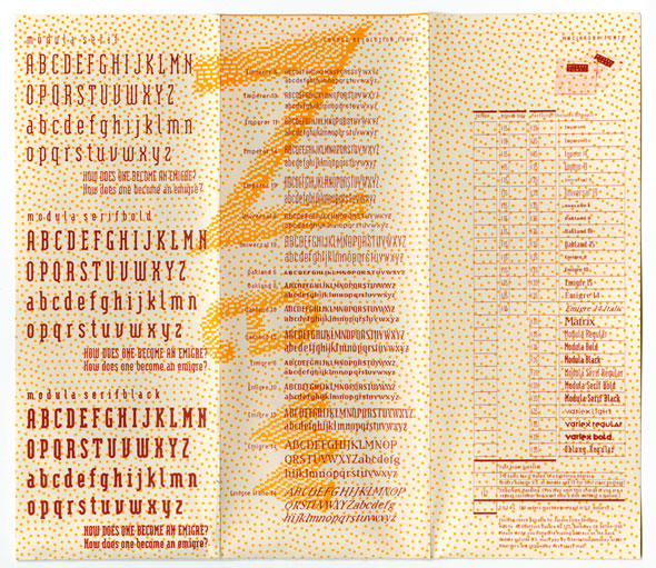 Maroon text against yellow and white dotted background, showing the alphabets of various fonts