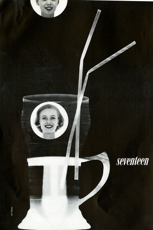 Black and white (predominately black) photo of the side view of a soda float with two straws. Two circles containing smiling female heads are visible