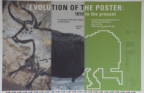 Poster of an ox divided into three vertical segments. The first segment is a cave drawing of the ox's head and front legs, the middle is a photo of it's torso, and the back is of the ox's hind legs and behind in white pixels against a green background.