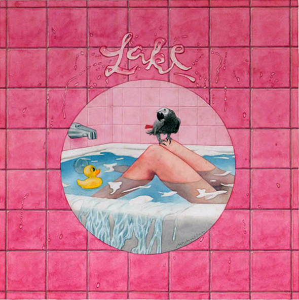 Pink cover with a circular view of legs in a bathtub, a grey parrot on the leg's knees and a rubber duck in the water.