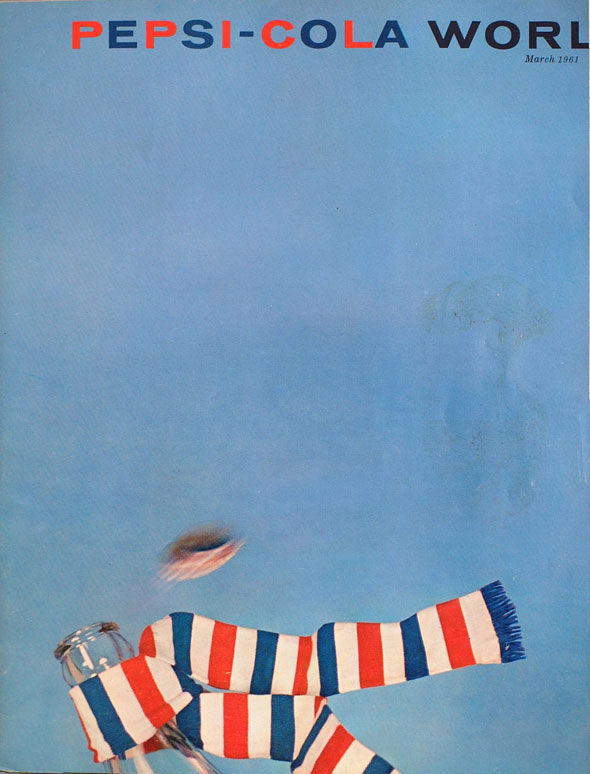 A soda bottle against a blue background, with a red, white and blue striped scarf around its neck, and a Pepsi-Cola bottlecap flying off of it