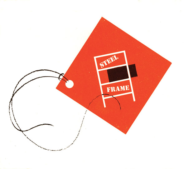 Simple graphic of a square tag with the words "Steel Frame" inside a white structure