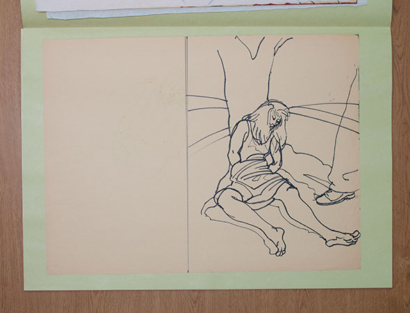 Loose line drawing of a sitting woman leaning against a tree.