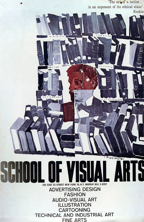 Portrait of a red man, segmented to resemble a collage, surrounded by purple books against a white background.