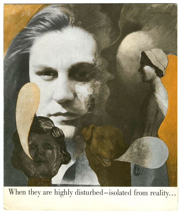 Yellow, brown and grey collage of photography and illustration, including a woman's face and a doll and a dog with blank speech bubbles.