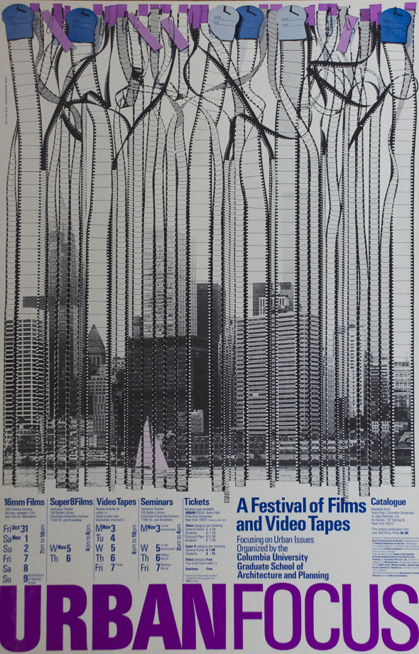 A poster of film negatives hanging vertically, exposing an image of a city across a river. Film negatives are entangled on top and is attached with purple tags and blue clock tags.