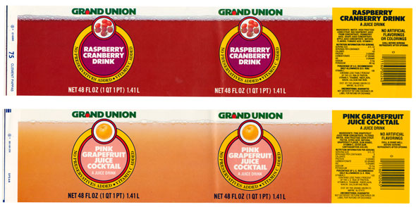 Two Grand Union drink labels with yellow band and circular design