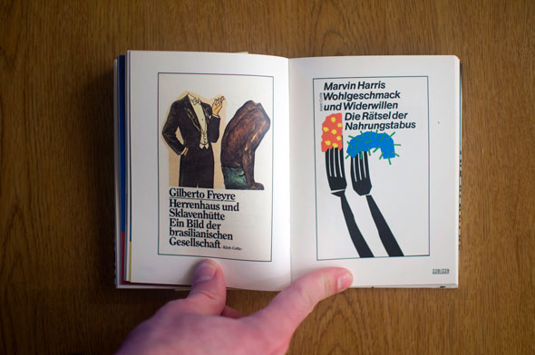 Flipbook opened to show a spread depicting two posters, left with two headless men, right with two forks