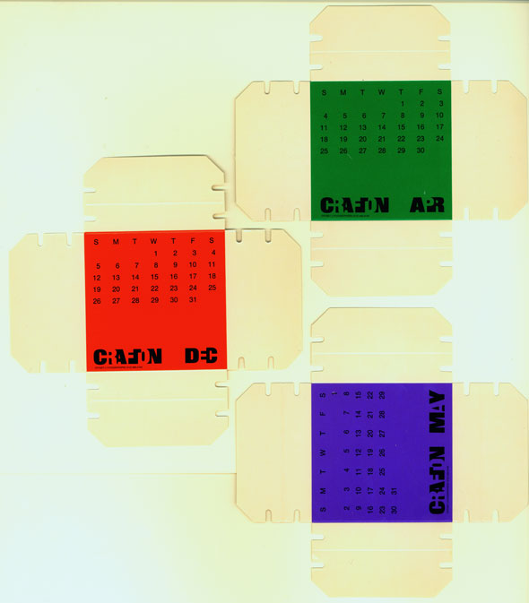 Three components of a red, blue and green 3-D calendar designed by Chermayeff & Geismar Associates