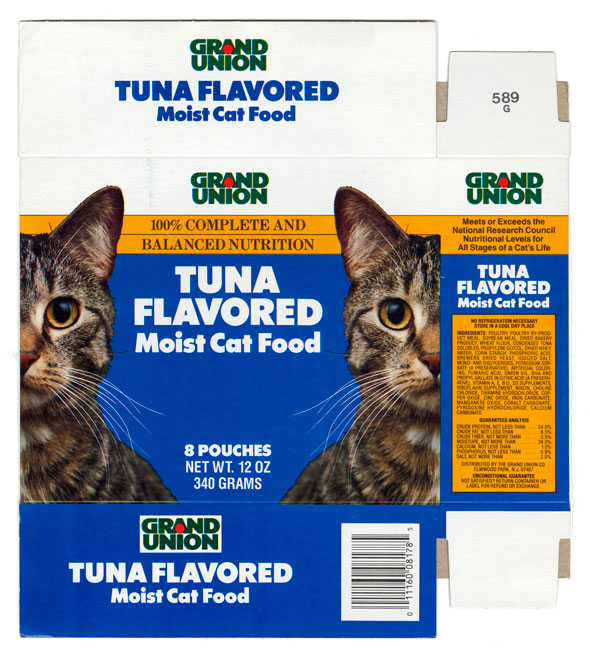 Blue, white and yellow cat food box with cat face split in half