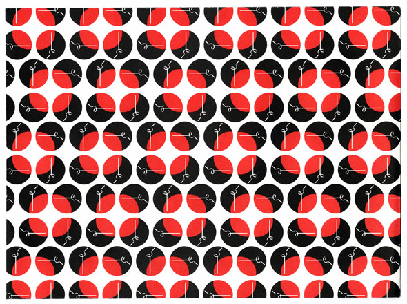 A white background with cut outs of a grid of circles, revealing underneath a pattern of red circles on a black background.