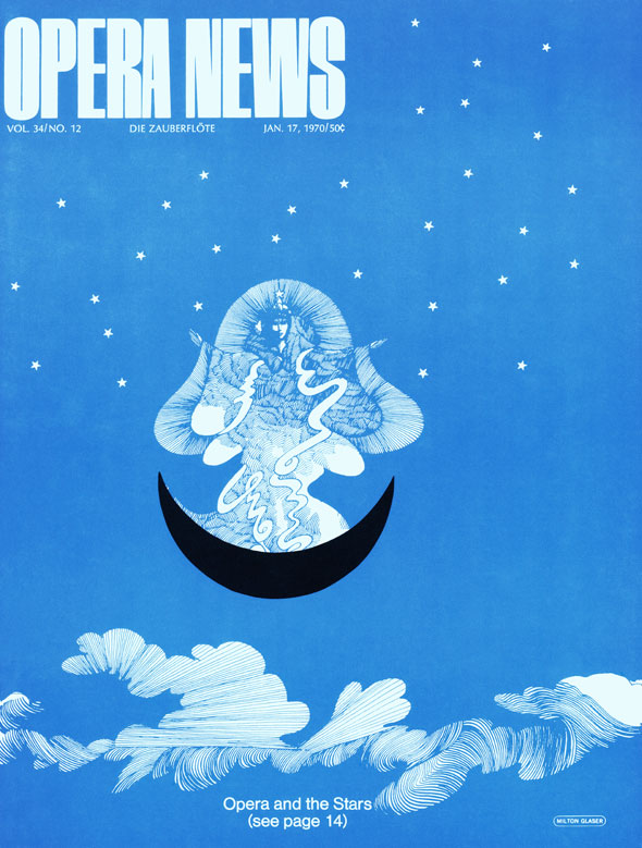 Primarily blue and white magazine cover illustration of a dreamlike woman in heavy regalia standing on an upturned black moon against a starry sky