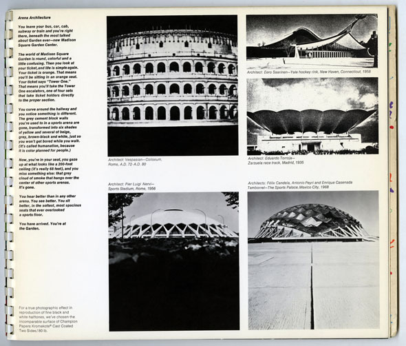 Four black and white photos of various sports arenas on a white page with black text
