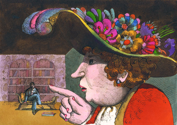A 70's illustration of a giant woman with a fancy hat that is covered in feathers and flower. She is scolding a tiny man with her finger. The man is sitting on a cushion bench. 