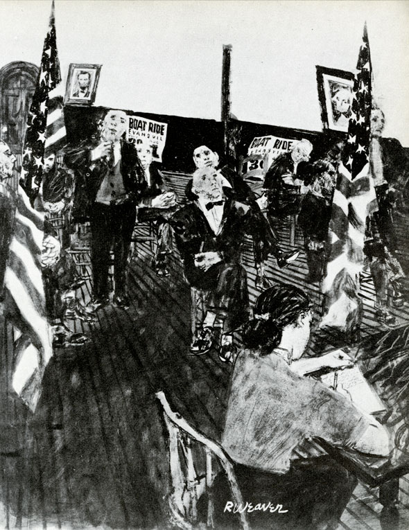 Painting of people in a large room with US flags and portraits of Lincoln and Washington.