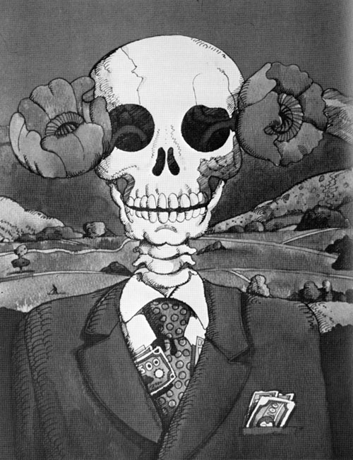 An ink illustration of a skeleton in a suite and tie. Poppies growing out of both of it's eye socket and money popping out of its suite and pocket. Behind the skeleton is an empty field and mountains.