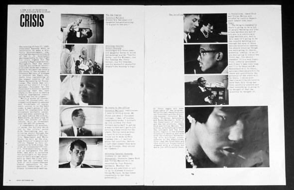 A scan of a magazine spread. CRISIS is printed on the top left corner in bold black text. Below the title is the article in vey small text. Next to the article is a row of 5 images in the same size, they're roughly in the middle of the left page. On the right page a row of 3 images are in the middle of the page. Below is a bigger image than the rest. 