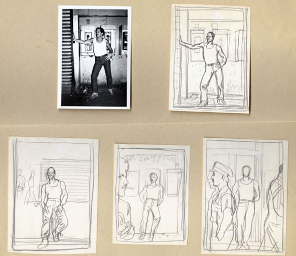 Sketches and a reference photograph of the same illustration on a table