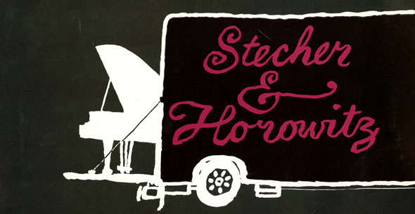 Black and white graphic of a piano poking out of the back of a moving van. The van is black with magenta text reading Stecher & Horowitz