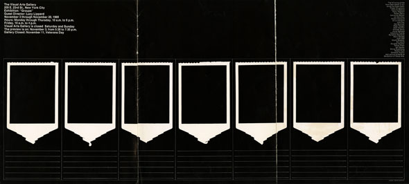 A black poster with seven white, standing rectangles with filled-in pointed bottoms, identical in size and lined up side by side.