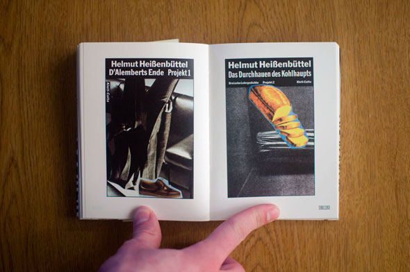 Flipbook opened to show a spread depicting two posters, left with an upside-down men's suit and right with a loaf of bread against a black and white background