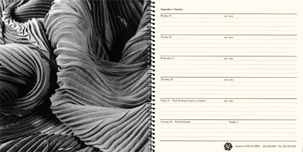 A scan of a calendar spread. On the left page is an image of a pleated thin fabric that is scrunched up all together and creates wave-like patterns. On the right side is an appointment calendar page that is split into 6 section for Monday-Saturday.