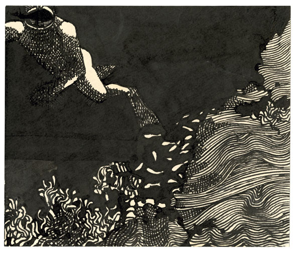 An etching of man swimming near some sea plants and small fishes.The water is drawn with a thick black marker but the streaks of the thick marker was precise enough to leave some of the paper untouched in order to form the small fishes. Th man and the sea plant are made thin black lines that curve in away to form the body and show different types of sea plants.