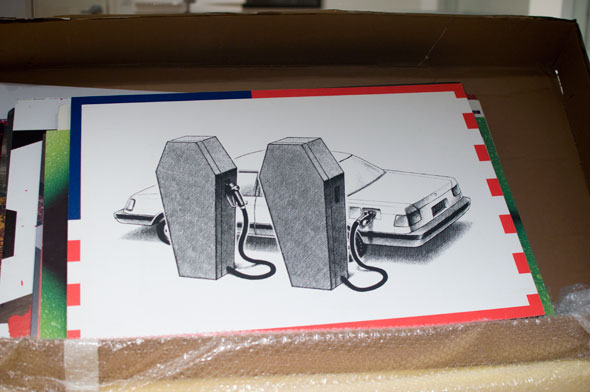 Black and white illustration of a car being refueled by a coffin