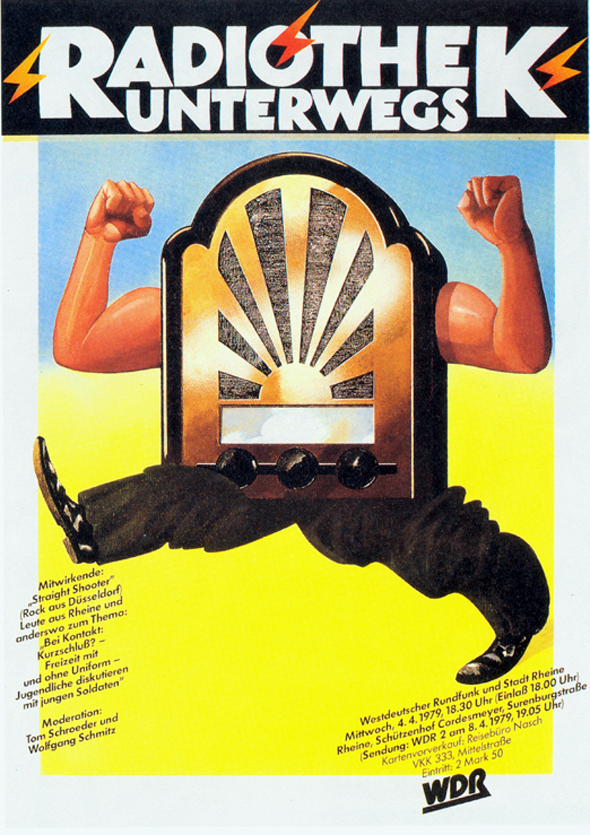Bright illustration of an old fashioned radio with muscular arms and short legs