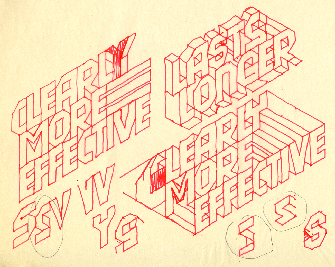 Hand-drawn three-dimensional projections of product slogans with contradictory perspectives