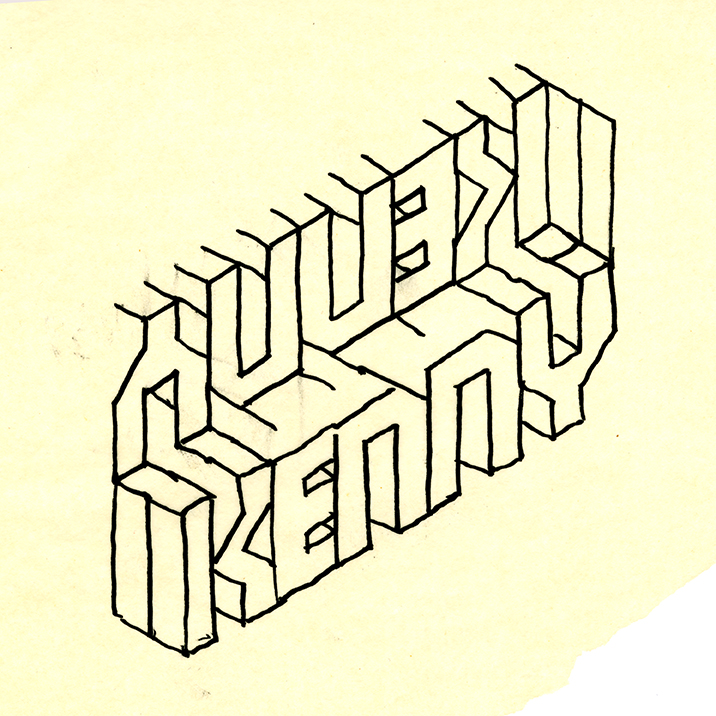 The name Kenny in three-dimensional block letters stacked upside down on itself, each with contradicting perspectives