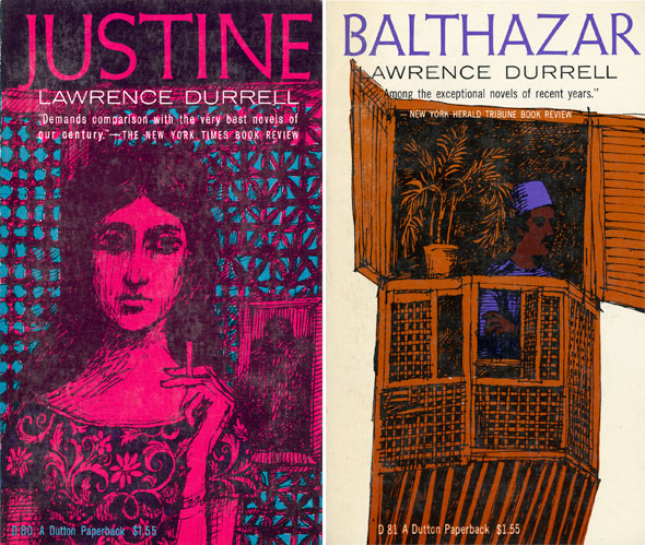 A scan of two book covers; "Justine" and "Balthazar". "Justine" is a sketchy drawing of a woman in a floral blouse smoking. Her whole body and dress is magenta with the sketchy black drawing lines. The background is magenta with teal blue triangles and circles that form what looks like a wall with a window. "Balthazar" has a white background. In the middle is window porch that is a bronze orange. Inside is a man with brown skin ad a purple fez and shirt. They're outlined with a sketchy black line drawing.