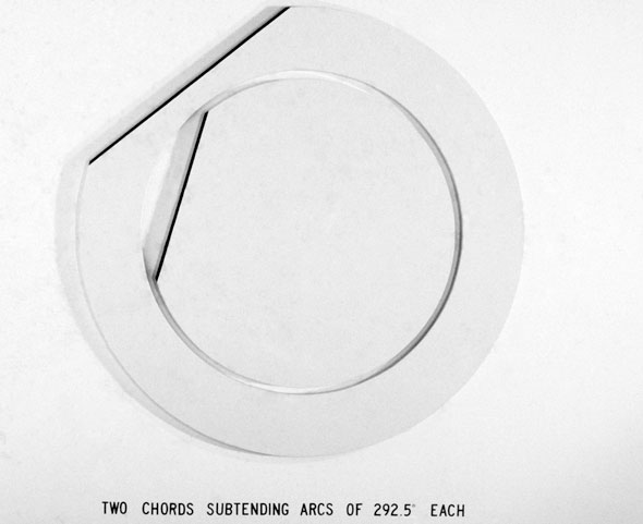 Photograph of a circular canvas inside a ring canvas, both with black line where they are missing a section of the arc in the title, "2 Chords Subtending Arcs of 292.5 Degrees Each"