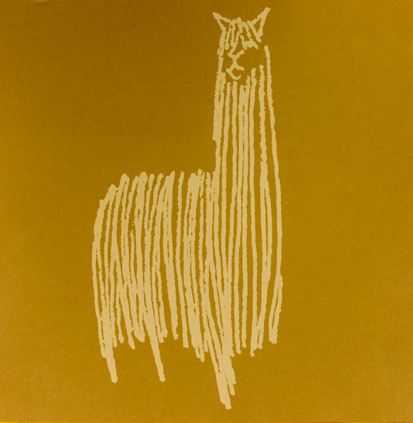 Light brown drawing of a llama against medium brown background